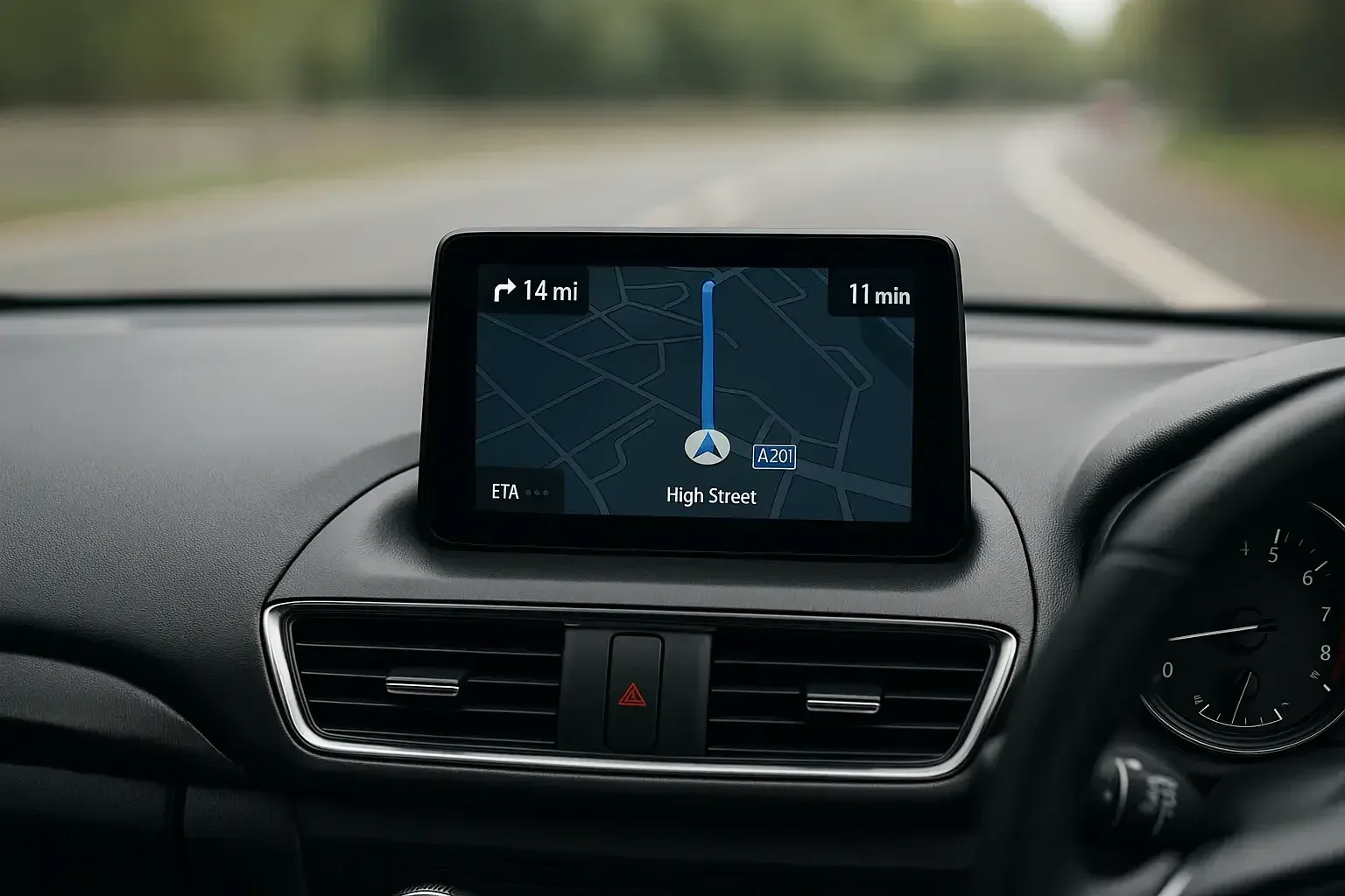 This image shows a close-up of a car’s dashboard navigation system displaying a route along the A201 to “High Street,” with 14 miles remaining and an estimated arrival time of 11 minutes.