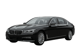 This image shows a black BMW 7 Series luxury saloon