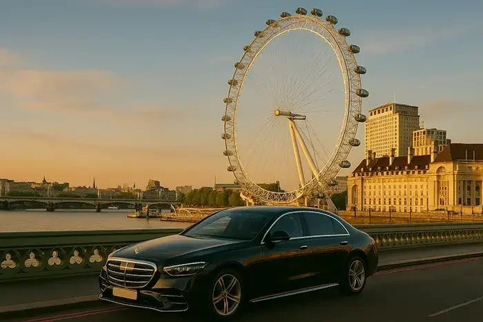 Luxury chauffeur service arriving in style beside the iconic London Eye.