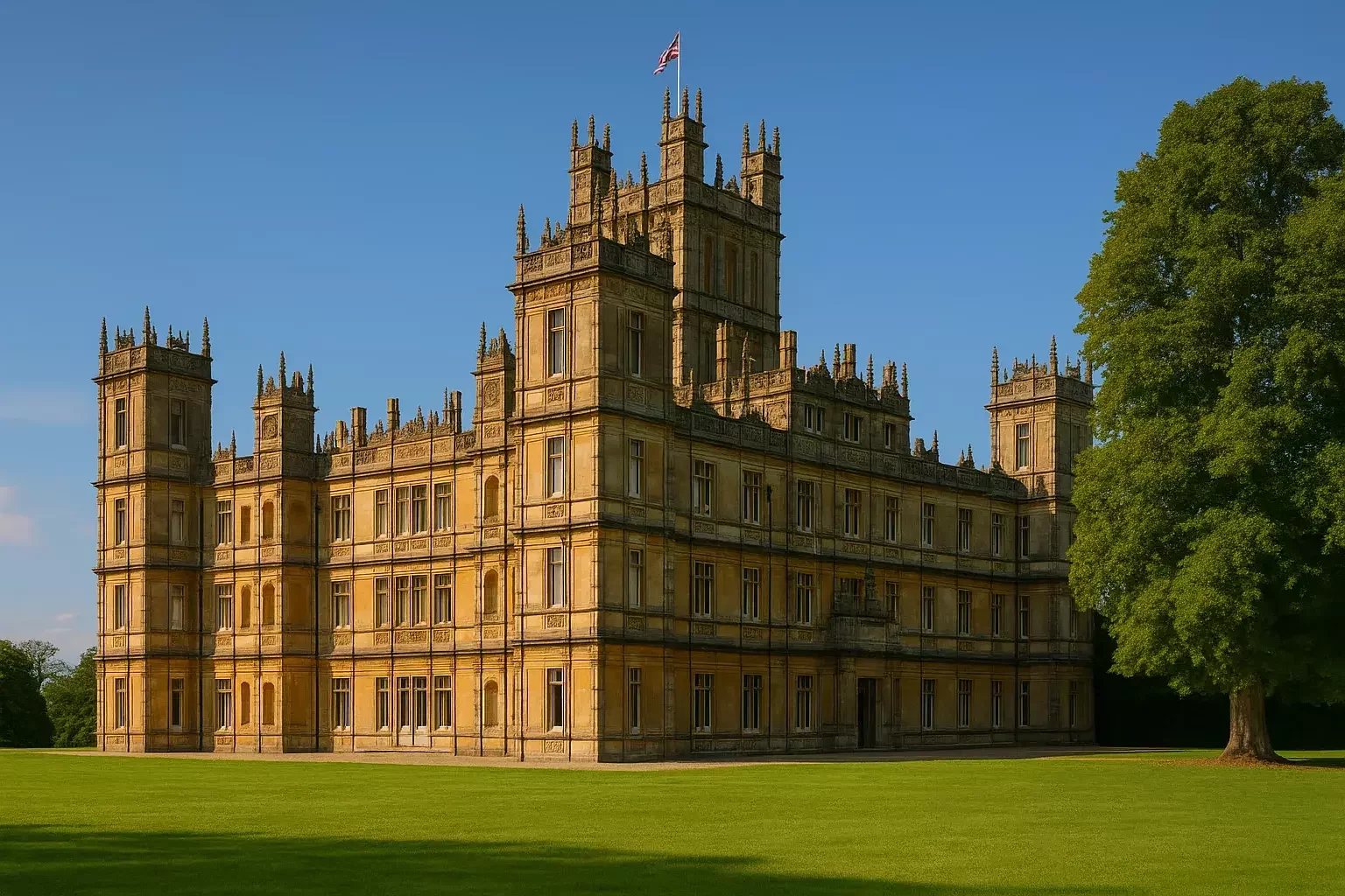 This image shows Highclere Castle, a stunning countryside destination best enjoyed with our luxury chauffeur service.