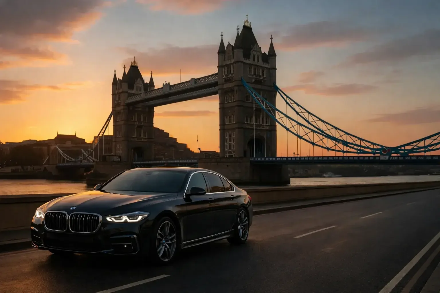 Luxury chauffeur glides through London at sunset, elegance on every journey.