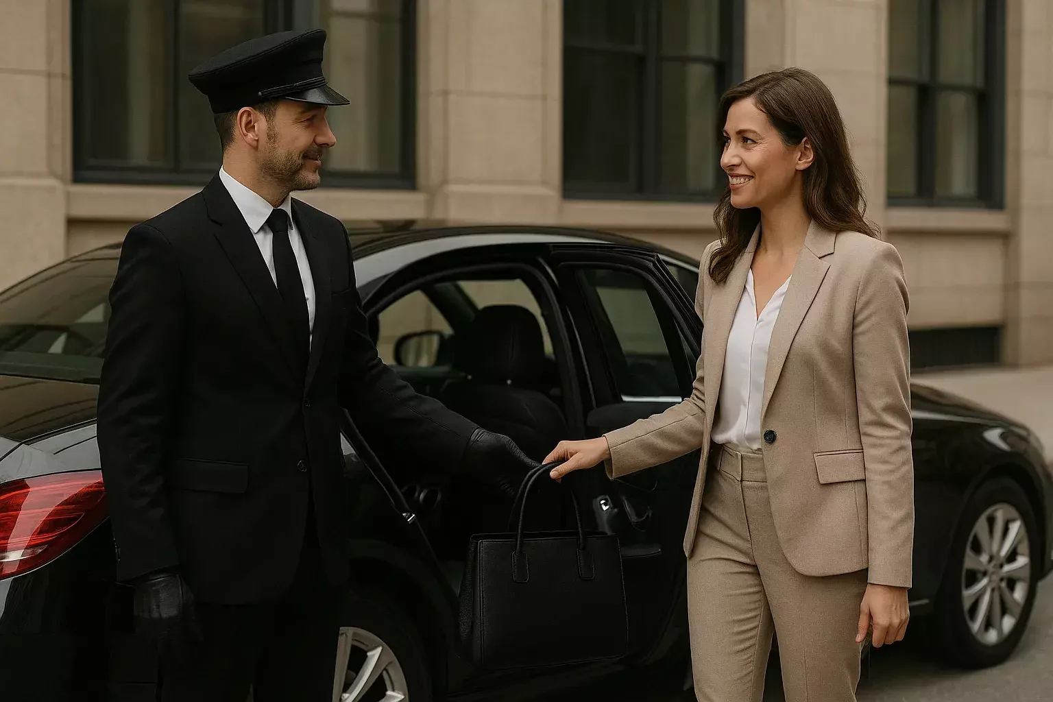 This image shows a professional chauffeur in a black suit and cap holding the door open for a smiling woman dressed in a beige business suit.