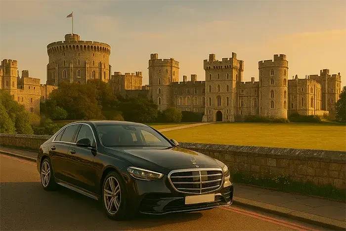Elegant chauffeur arrival at the gates of Windsor Castle.