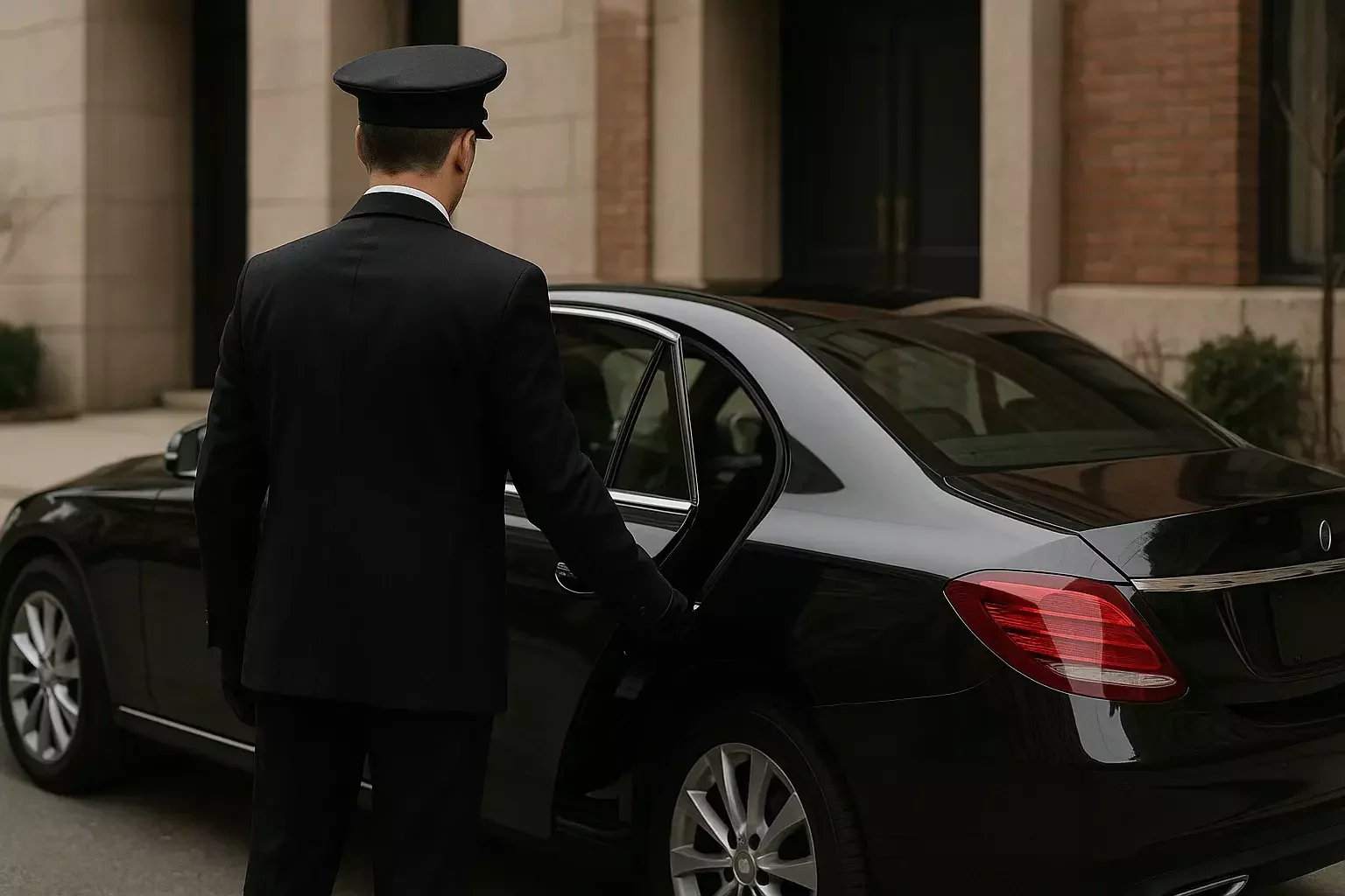 This image shows a chauffeur in a black suit and cap, seen from behind, opening the rear door of a black luxury saloon car parked outside a building with stone and brickwork.