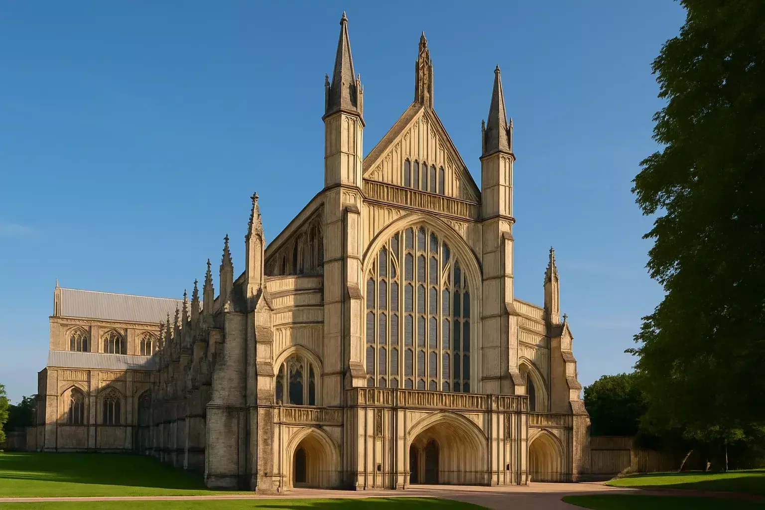 This image shows Winchester Cathedral on a sunny day, a popular destination easily reached with our private chauffeur service.